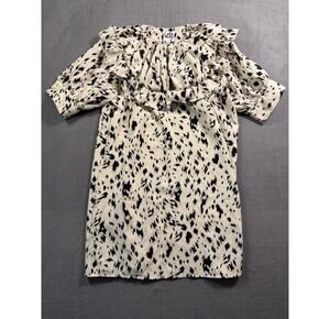 Lola May Womens 10 Cream Black Animal Print Ruffle Neck Shift Tunic Mini Dress